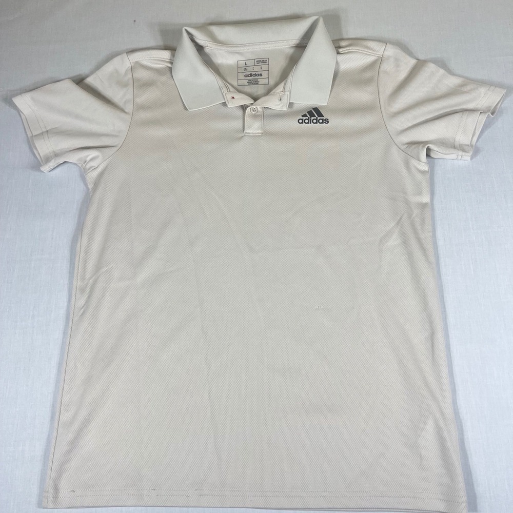 Adidas Mens Large Regular Fit Polo Shirt Beige Short Sleeve 3-Stripe Golf Top